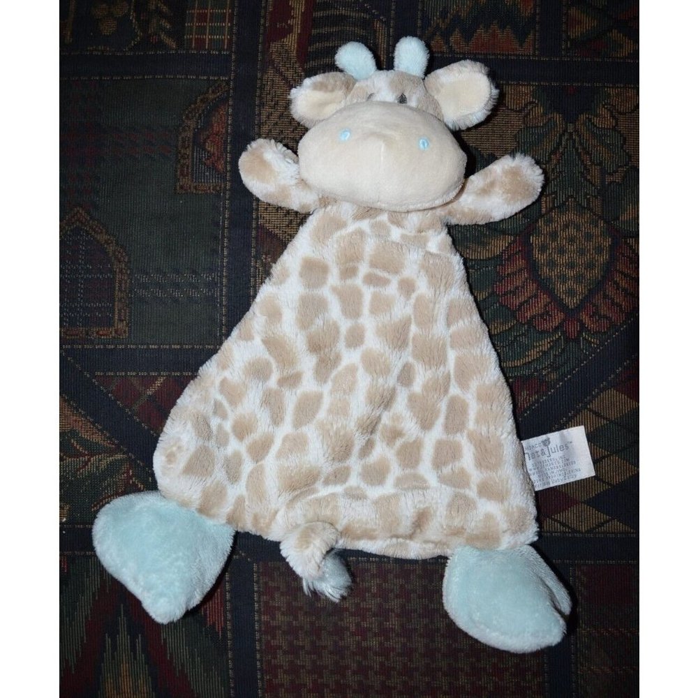Demdaco‎ Nat Jules Giraffe Lovey Security Blanket Plush Velour Rattles blue feet
